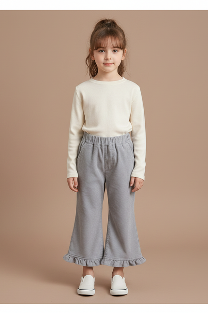 Pantalon Patte D'Éléphant Gris Côtelé Évasé Volants Enfant - Cordé