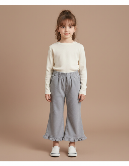 Pantalon Patte D'Éléphant Gris Côtelé Évasé Volants Enfant - Cordé