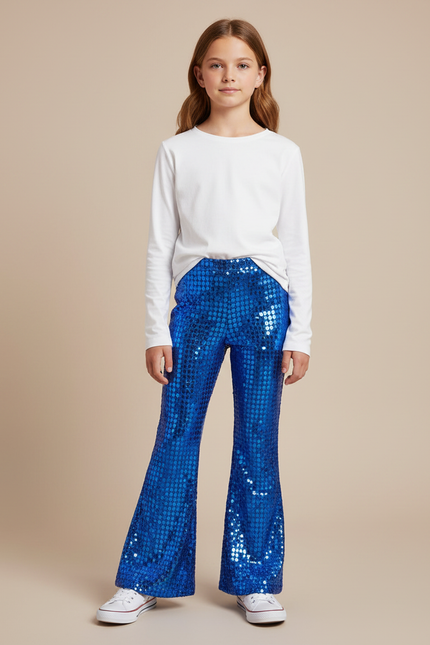 Pantalon Patte D'Éléphant Bleu Pailleté Évasé Brillant Fille - Polyester