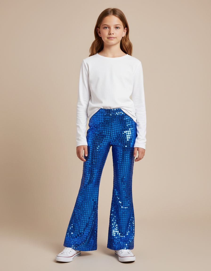 Pantalon Patte D'Éléphant Bleu Pailleté Évasé Brillant Fille - Polyester