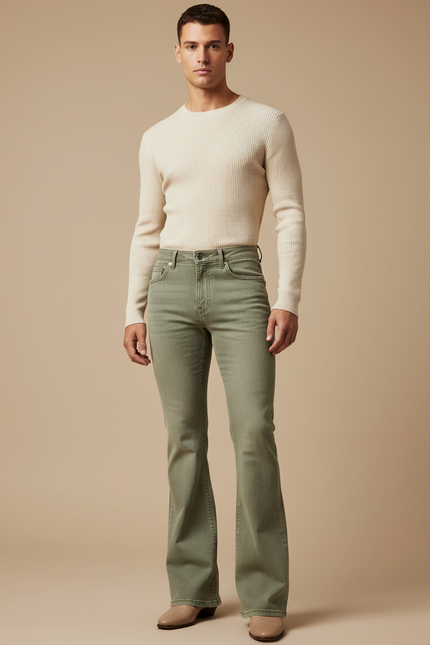 Pantalon Patte D'Éléphant Vert Kaki Denim Coupe Évasée Homme - Jean