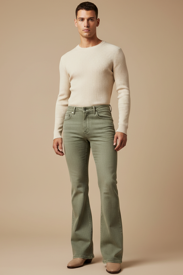 Pantalon Patte D'Éléphant Vert Kaki Denim Coupe Évasée Homme - Jean