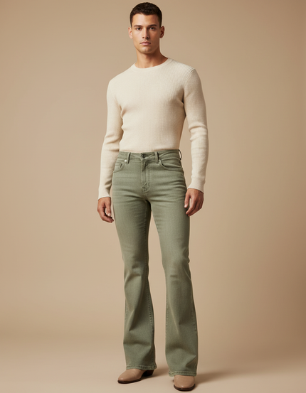 Pantalon Patte D'Éléphant Vert Kaki Denim Coupe Évasée Homme - Jean