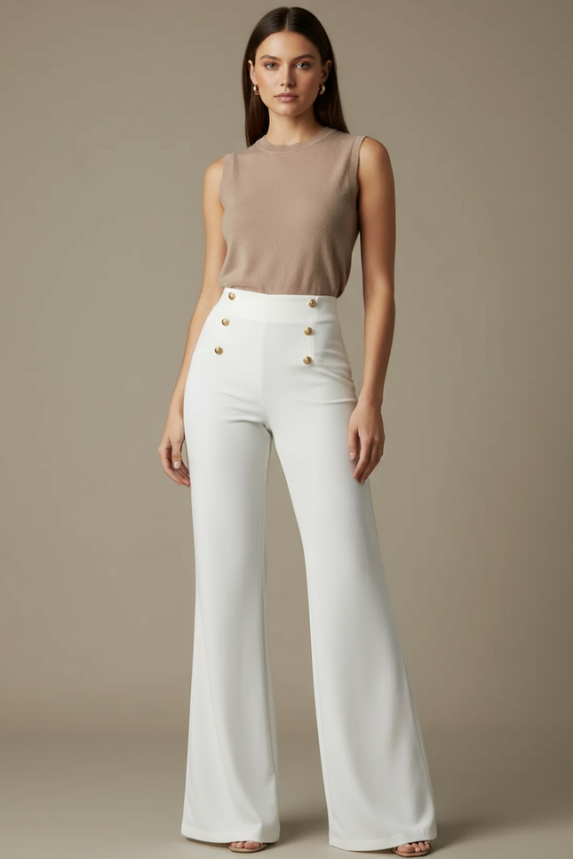 Pantalon Patte D'Éléphant Blanc Taille Haute Boutons Dorés Élégant - Polyester