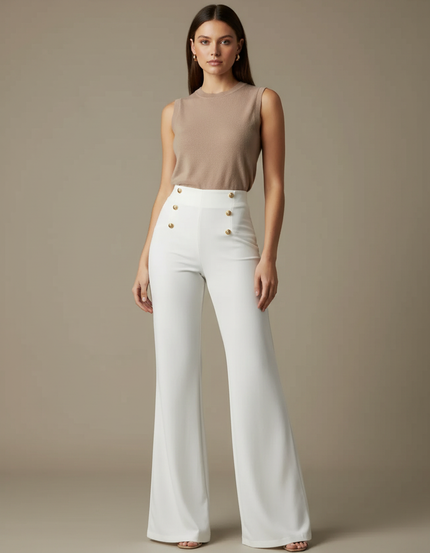 Pantalon Patte D'Éléphant Blanc Taille Haute Boutons Dorés Élégant - Polyester