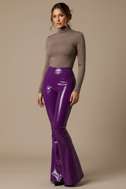 Pantalon Patte D'Éléphant Violet Brillant Similicuir Taille Haute - Simili cuir