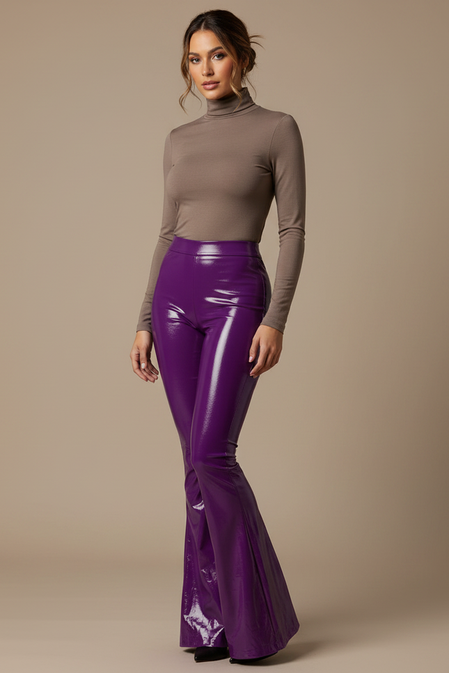 Pantalon Patte D'Éléphant Violet Brillant Similicuir Taille Haute - Simili cuir
