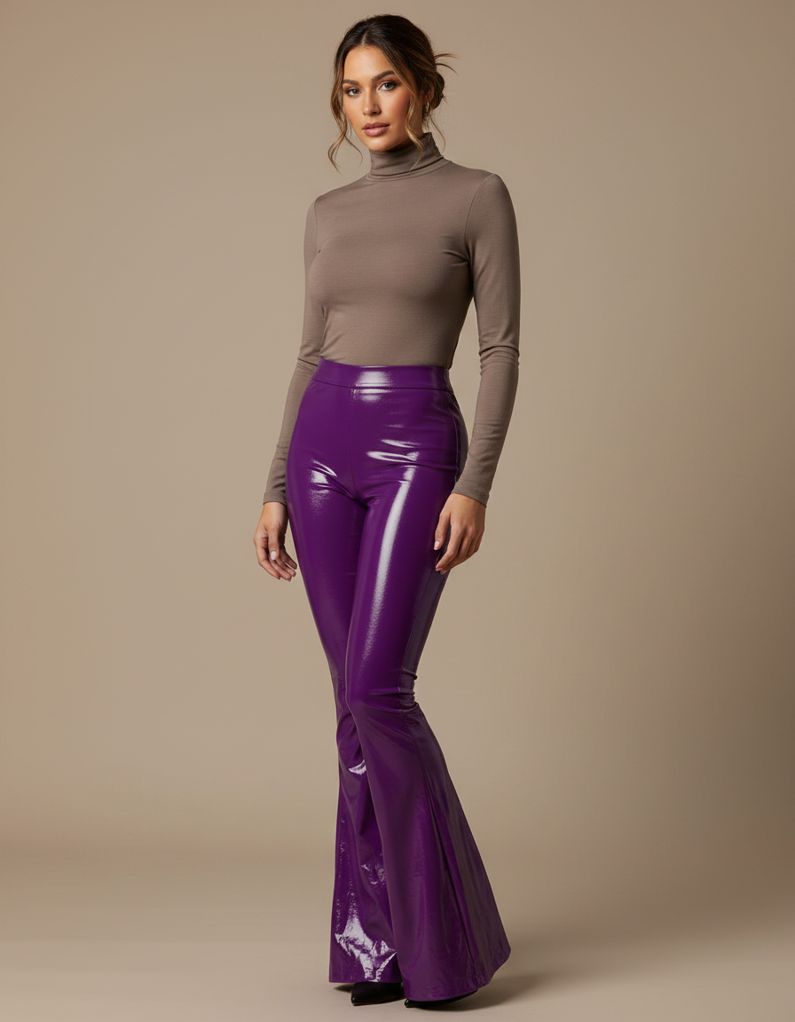 Pantalon Patte D'Éléphant Violet Brillant Similicuir Taille Haute - Simili cuir