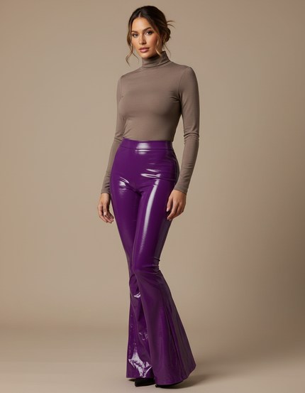 Pantalon Patte D'Éléphant Violet Brillant Similicuir Taille Haute - Simili cuir