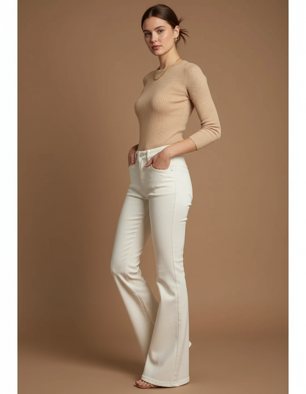 Pantalon Patte D'Éléphant Blanc Cassé Taille Haute Évasé Chic - Jean
