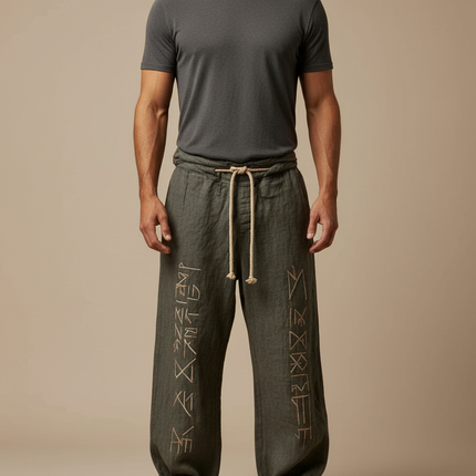 Pantalon Patte D'Éléphant Kaki Lin Brodé Ethnique Ample