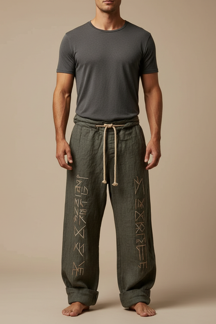 Pantalon Patte D'Éléphant Kaki Lin Brodé Ethnique Ample