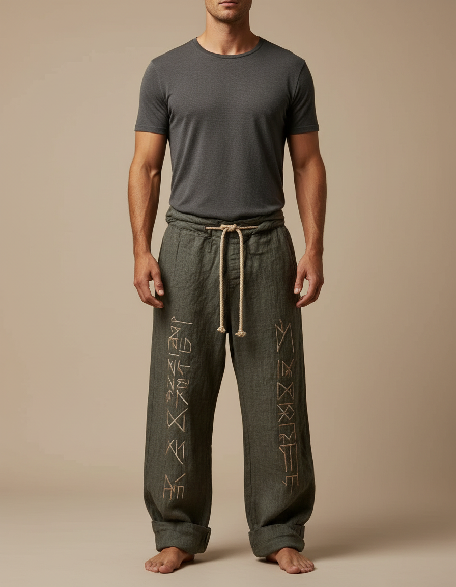 Pantalon Patte D'Éléphant Kaki Lin Brodé Ethnique Ample