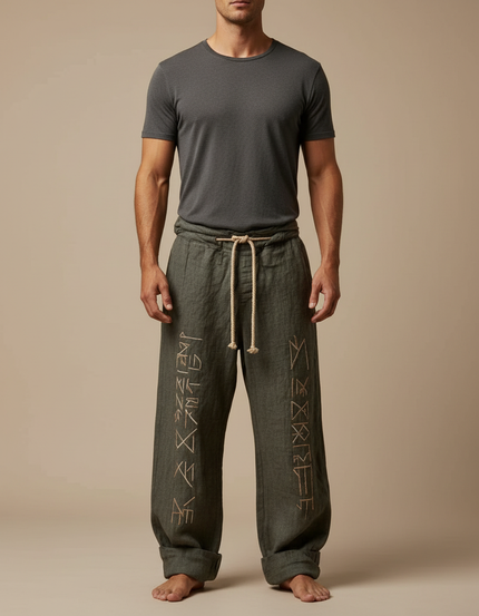 Pantalon Patte D'Éléphant Kaki Lin Brodé Ethnique Ample