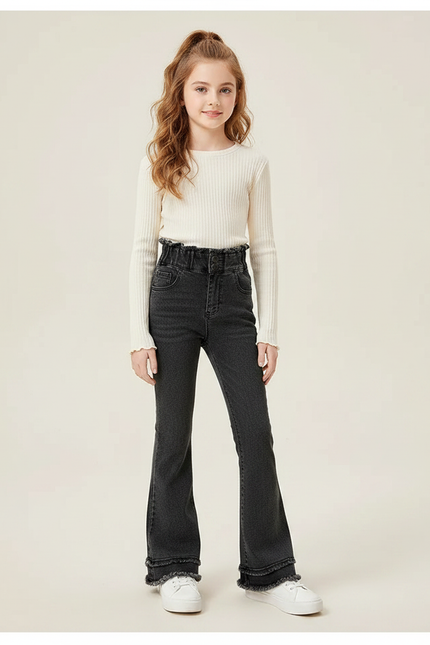 Pantalon Patte D'Éléphant Noir Délavé Taille Haute Évasé Enfant - Jean