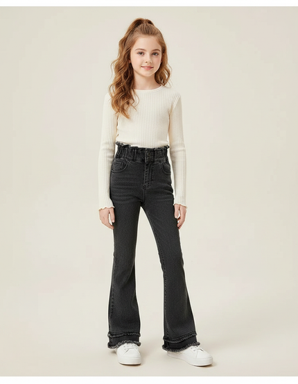 Pantalon Patte D'Éléphant Noir Délavé Taille Haute Évasé Enfant - Jean