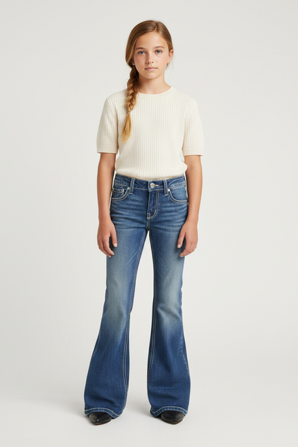 Pantalon Patte D'Éléphant Denim Bleu Dégradé Évasé Fille - Jean