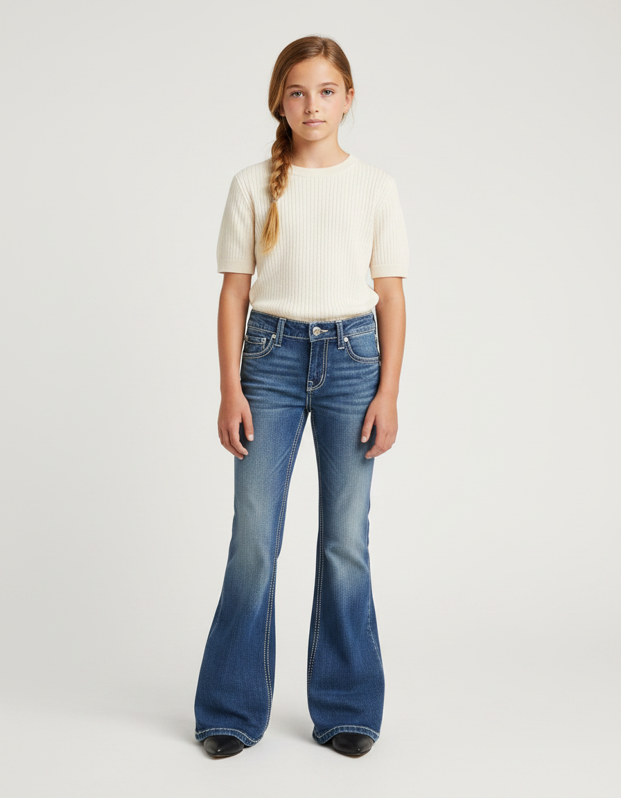 Pantalon Patte D'Éléphant Denim Bleu Dégradé Évasé Fille - Jean