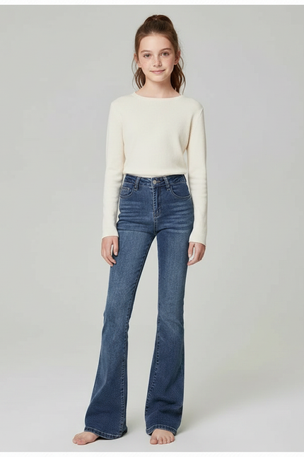 Pantalon Patte D'Éléphant Bleu Denim Taille Haute Fille - Jean