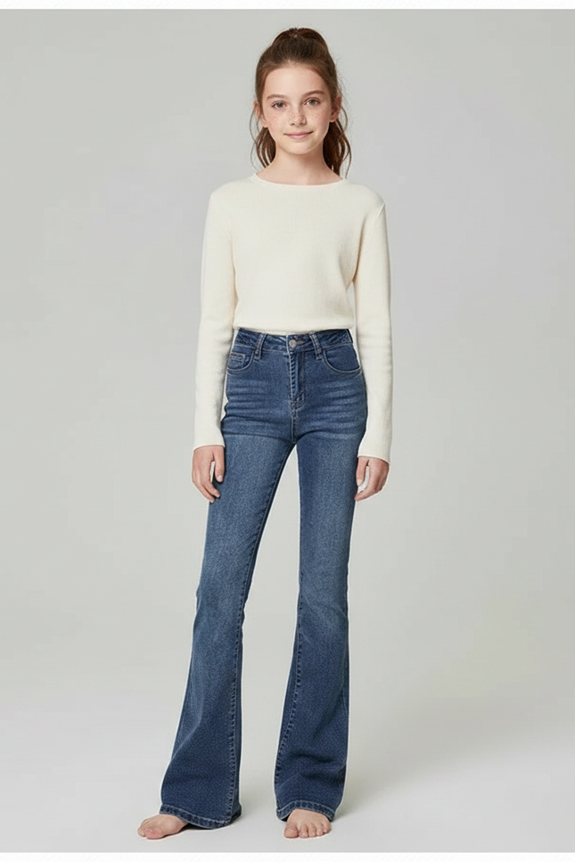 Pantalon Patte D'Éléphant Bleu Denim Taille Haute Fille - Jean