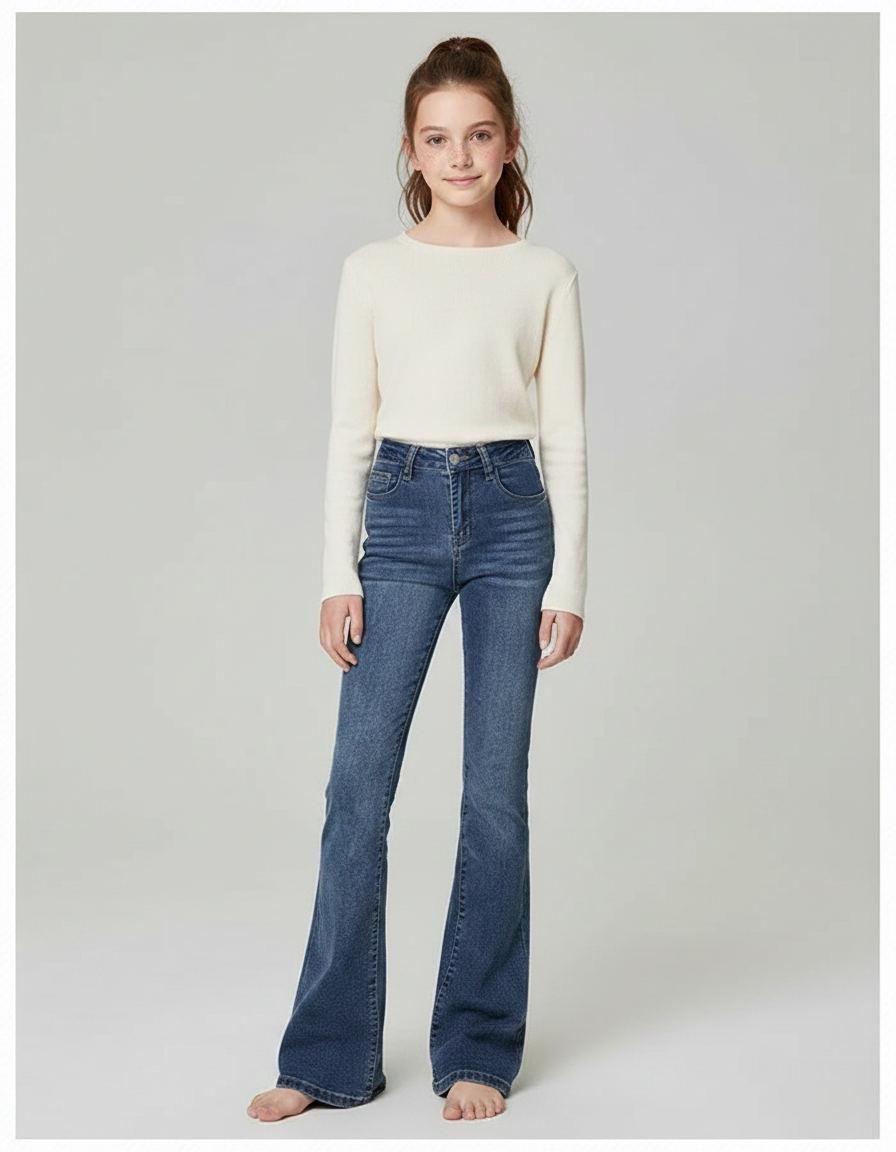 Pantalon Patte D'Éléphant Bleu Denim Taille Haute Fille - Jean
