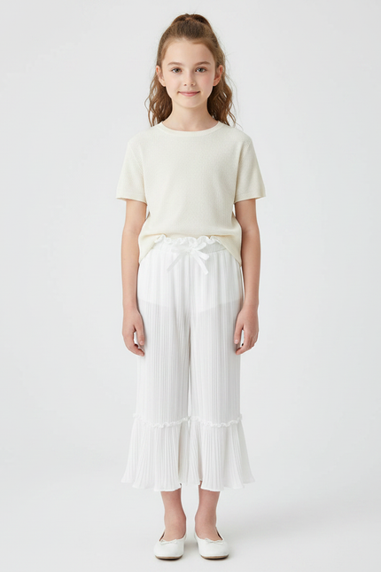 Pantalon Patte D'Éléphant Blanc Plissé Fluide Enfant - Polyester