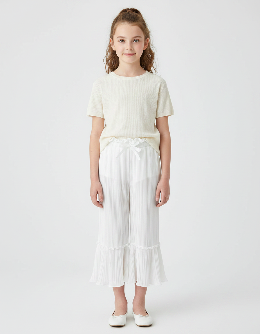 Pantalon Patte D'Éléphant Blanc Plissé Fluide Enfant - Polyester