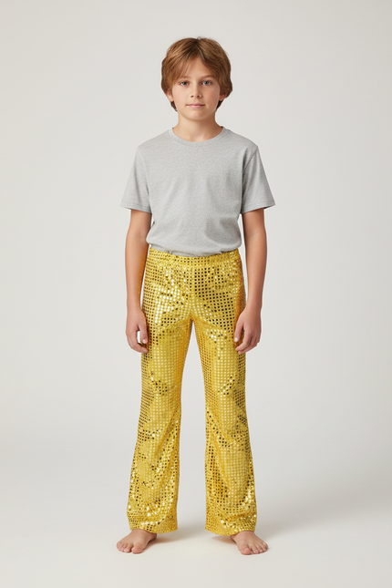 Pantalon Patte D'Éléphant Doré Paillettes Brillantes Évasé Enfant - Polyester