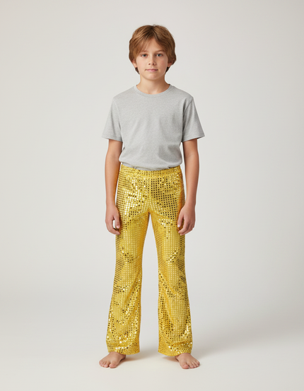 Pantalon Patte D'Éléphant Doré Paillettes Brillantes Évasé Enfant - Polyester