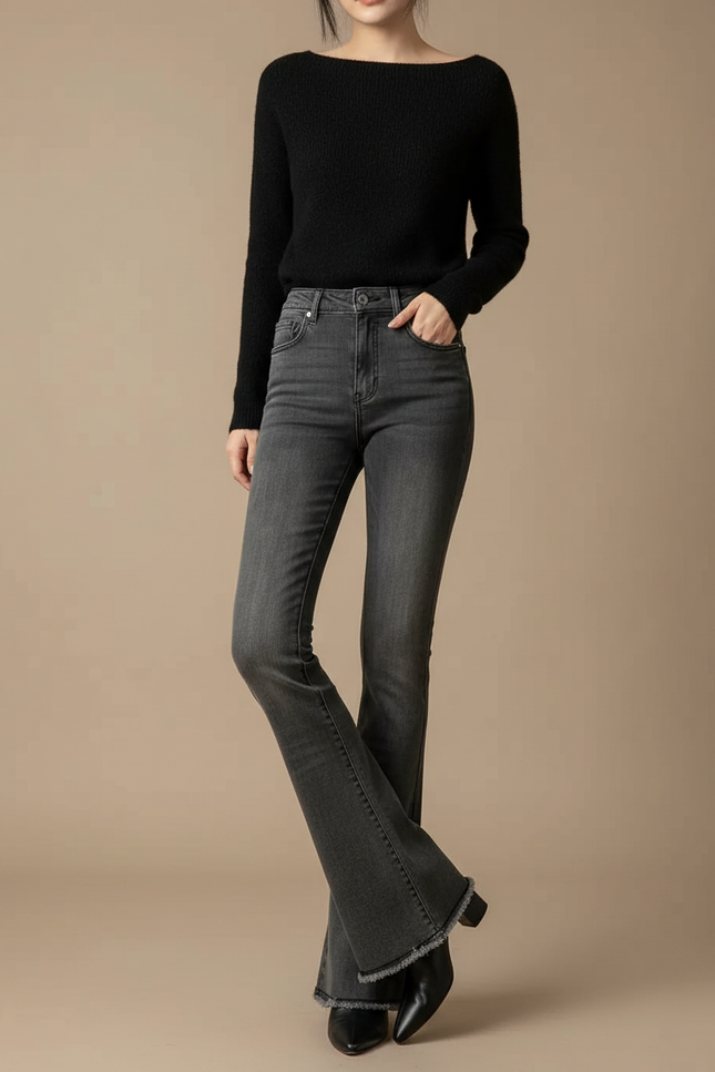 Pantalon Patte D'Éléphant Jean Gris Évasé Taille Haute Effiloché