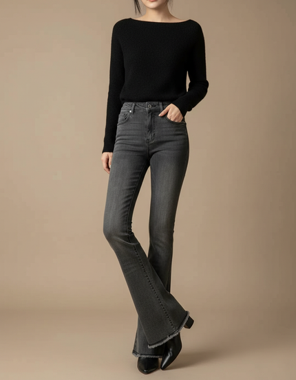 Pantalon Patte D'Éléphant Jean Gris Évasé Taille Haute Effiloché