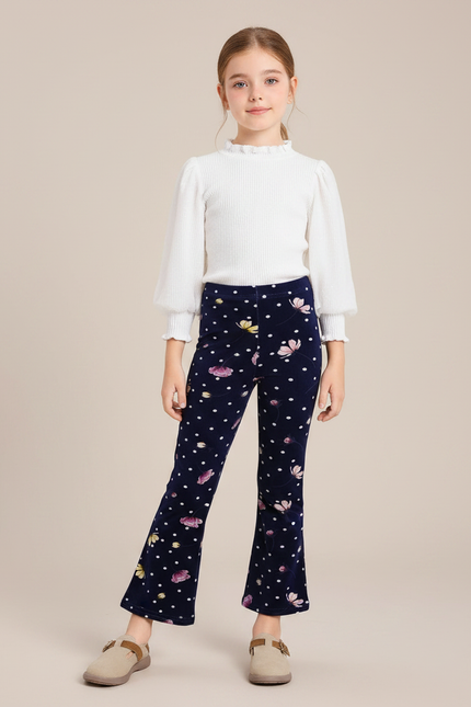Pantalon Patte D'Éléphant Velours Marine Fleuri Pois Enfant