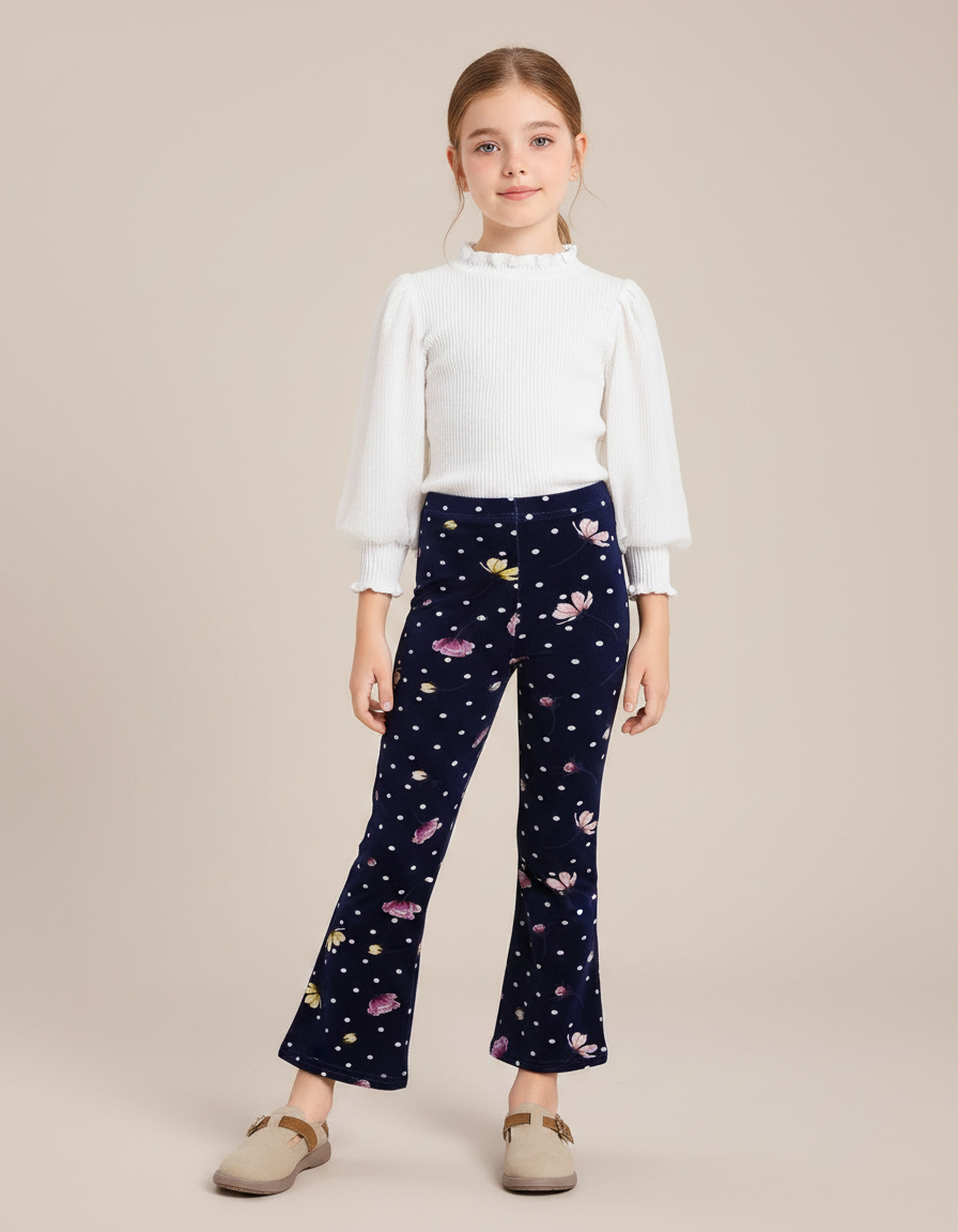 Pantalon Patte D'Éléphant Velours Marine Fleuri Pois Enfant