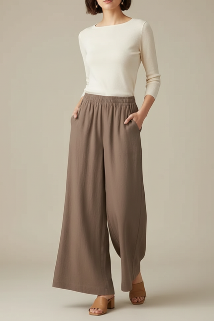 Pantalon Patte D'Éléphant Marron Lin Ample Taille Élastique Léger