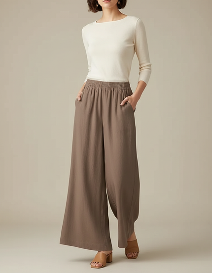 Pantalon Patte D'Éléphant Marron Lin Ample Taille Élastique Léger