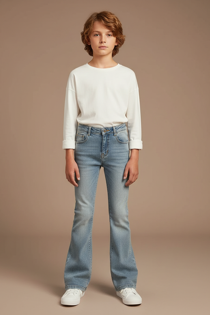 Pantalon Patte D'Éléphant Jean Denim Clair Décontracté Enfant - Bleu