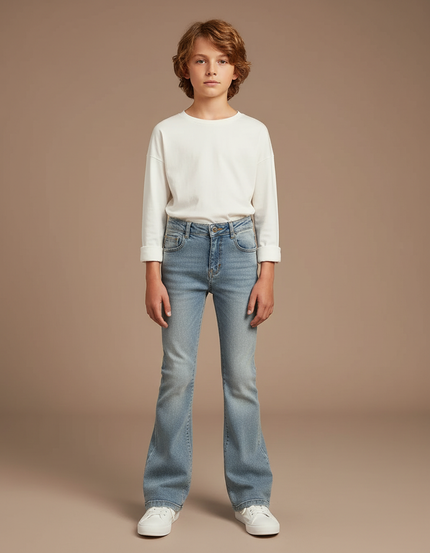 Pantalon Patte D'Éléphant Jean Denim Clair Décontracté Enfant - Bleu