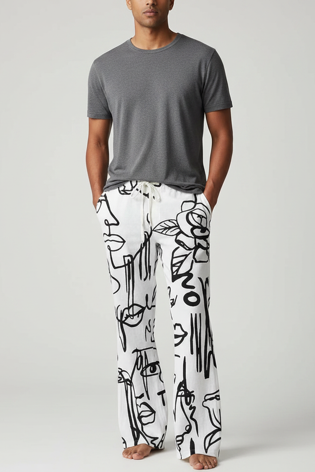 Pantalon Patte D'Éléphant Blanc Imprimé Graphique Décontracté Homme - Lin