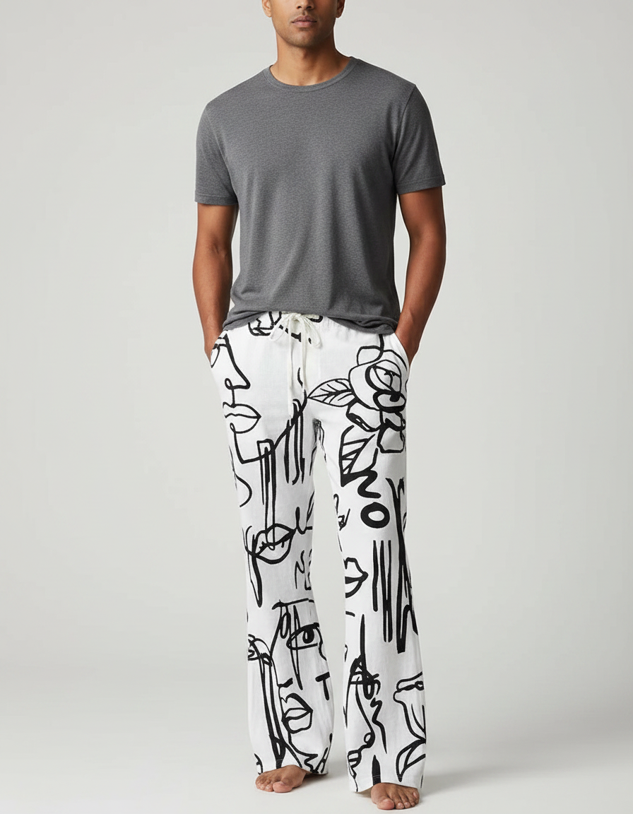 Pantalon Patte D'Éléphant Blanc Imprimé Graphique Décontracté Homme - Lin