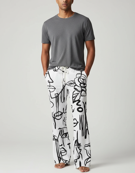 Pantalon Patte D'Éléphant Blanc Imprimé Graphique Décontracté Homme - Lin