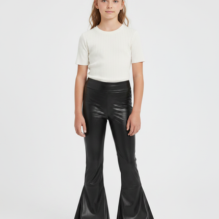 Pantalon Patte D'Éléphant Noir Simili Cuir Évasé Brillant Fille