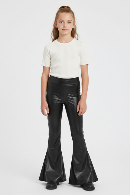 Pantalon Patte D'Éléphant Noir Simili Cuir Évasé Brillant Fille