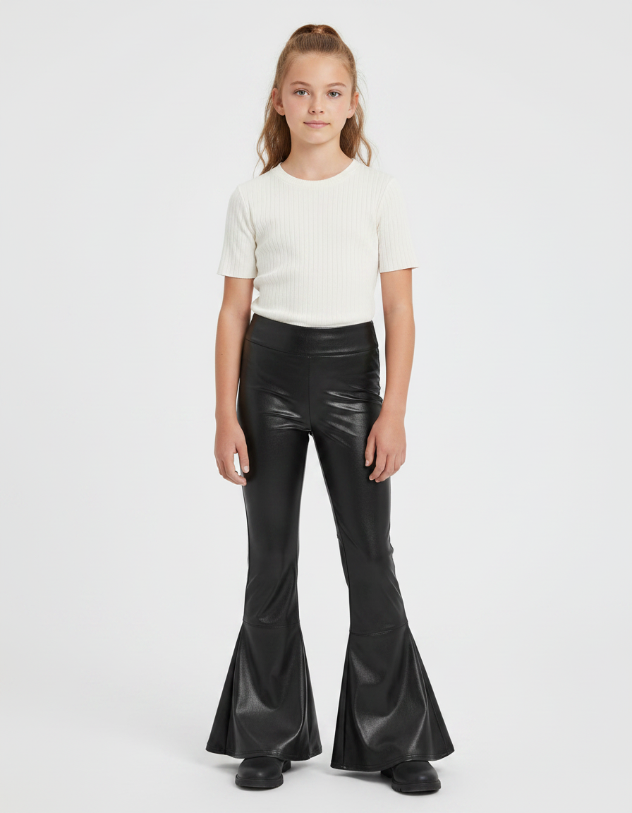 Pantalon Patte D'Éléphant Noir Simili Cuir Évasé Brillant Fille