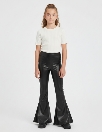 Pantalon Patte D'Éléphant Noir Simili Cuir Évasé Brillant Fille