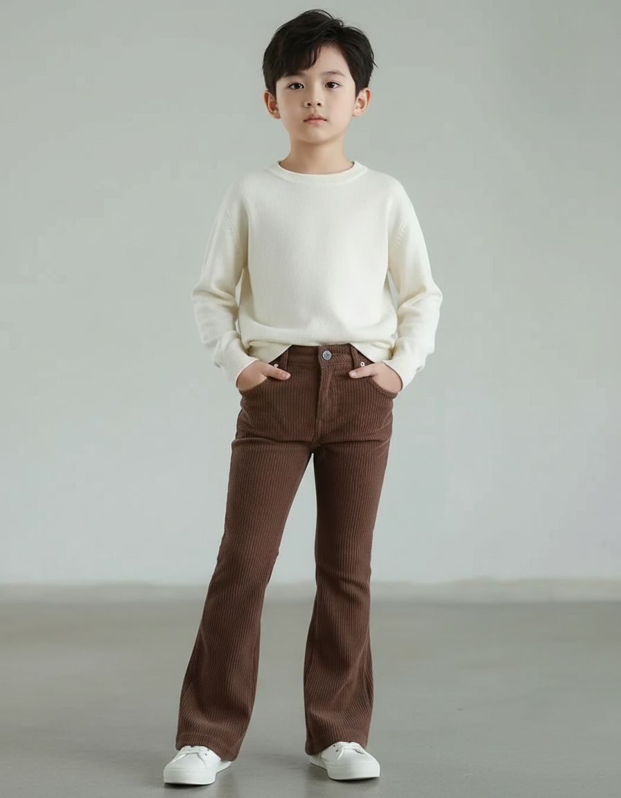 Pantalon Patte D'Éléphant Côtelé Marron Évasé Confortable Enfant - Cordé