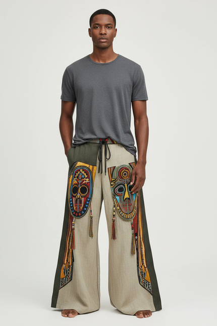 Pantalon Patte D'Éléphant Ethnique Ample Imprimé Masques Africains Décontracté - Beige Lin