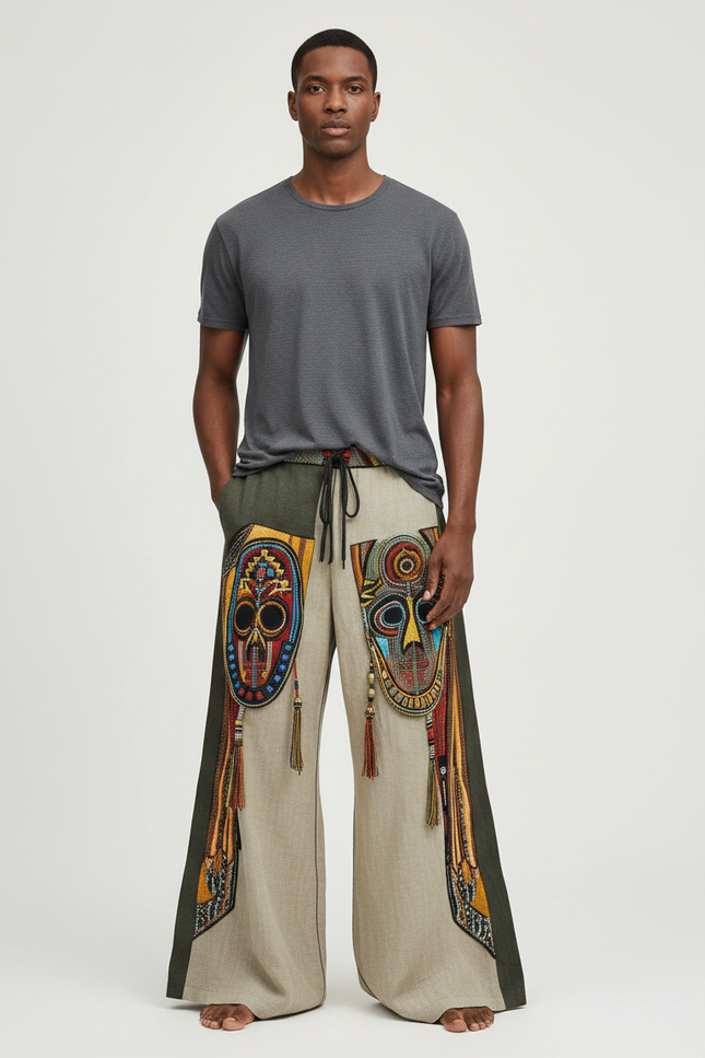Pantalon Patte D'Éléphant Ethnique Ample Imprimé Masques Africains Décontracté - Beige Lin