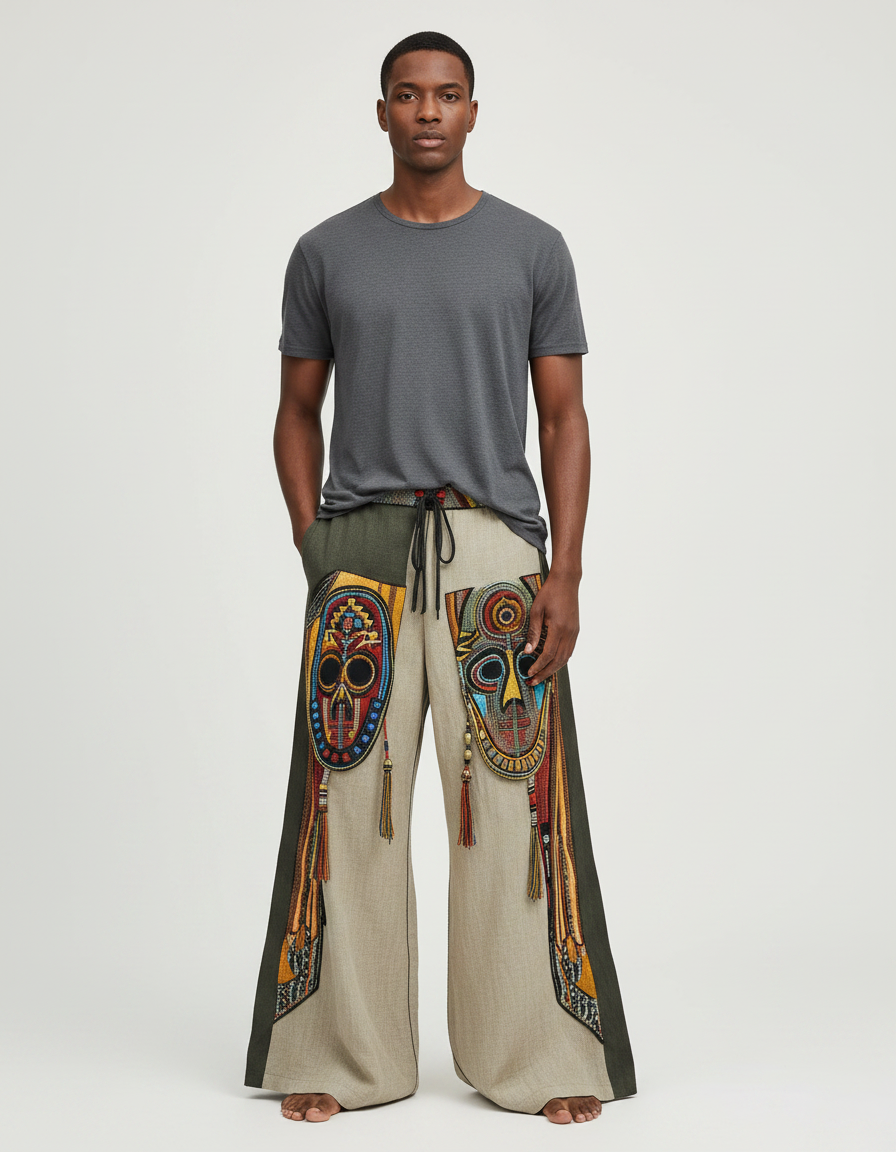 Pantalon Patte D'Éléphant Ethnique Ample Imprimé Masques Africains Décontracté - Beige Lin