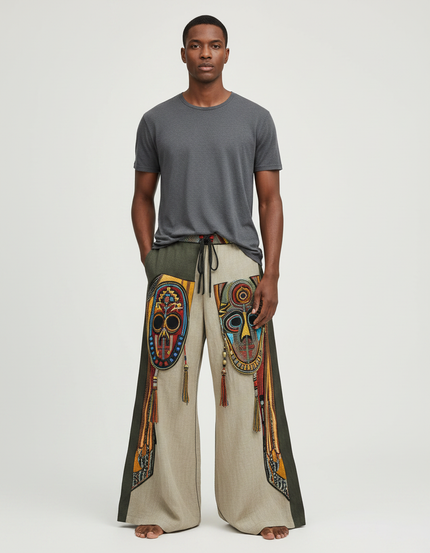 Pantalon Patte D'Éléphant Ethnique Ample Imprimé Masques Africains Décontracté - Beige Lin