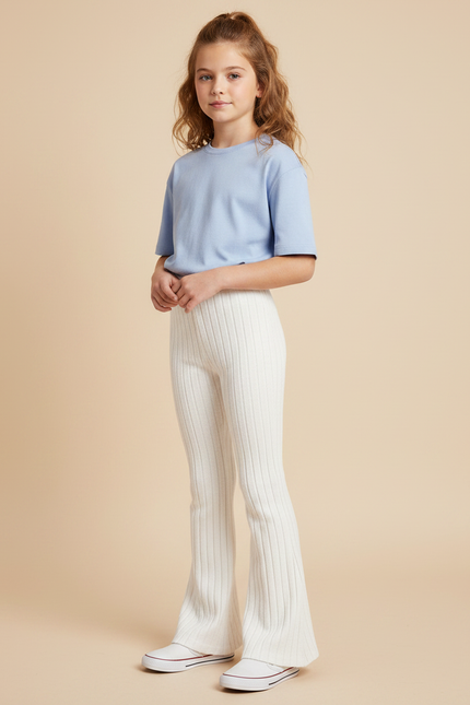 Pantalon Patte D'Éléphant Blanc Tricot Côtelé Confortable Fille - Maille
